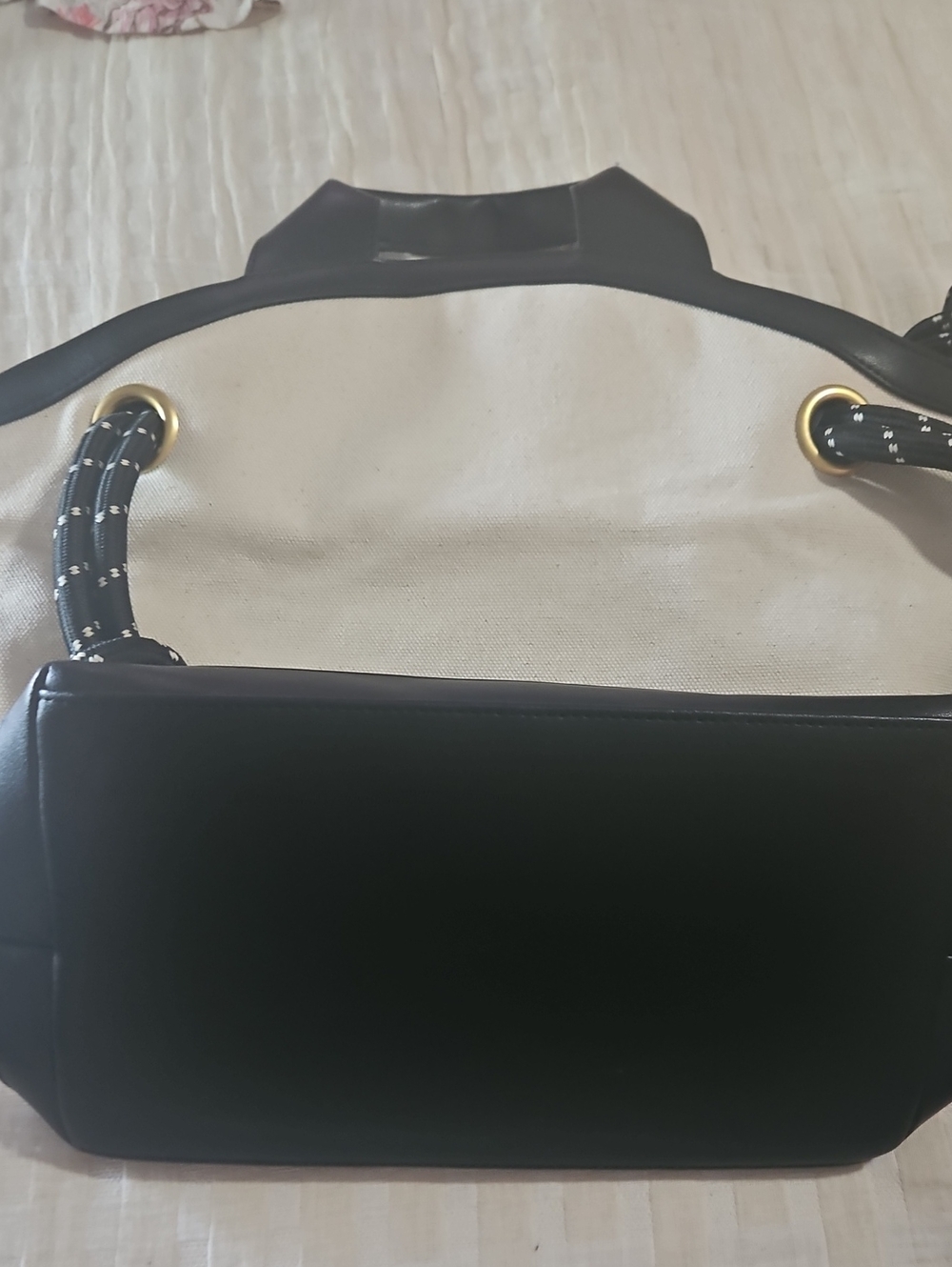 Free Assembly Canvas and Black Leather Tote Bag with Rope Handles
